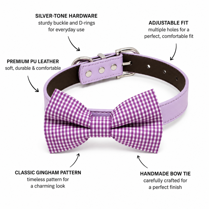 Purple gingham dog bow tie collar feature guide showing vegan leather collar, silver-tone hardware, adjustable fit, gingham pattern, and handmade bow tie