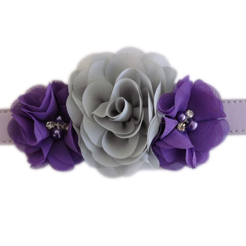 Gray and purple floral dog collar featuring layered chiffon flowers, crystal accents, and adjustable collar.