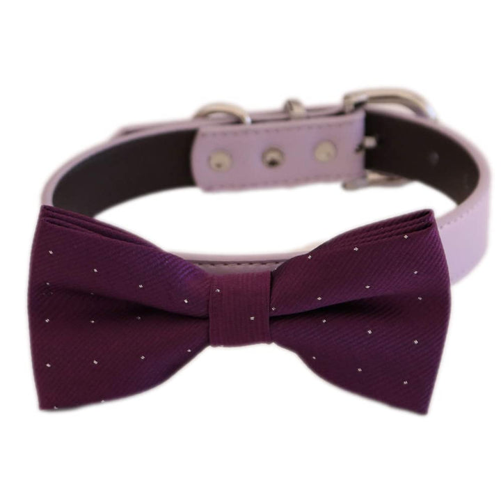 Purple micro dot dog bow tie attached to a lavender vegan leather dog collar.