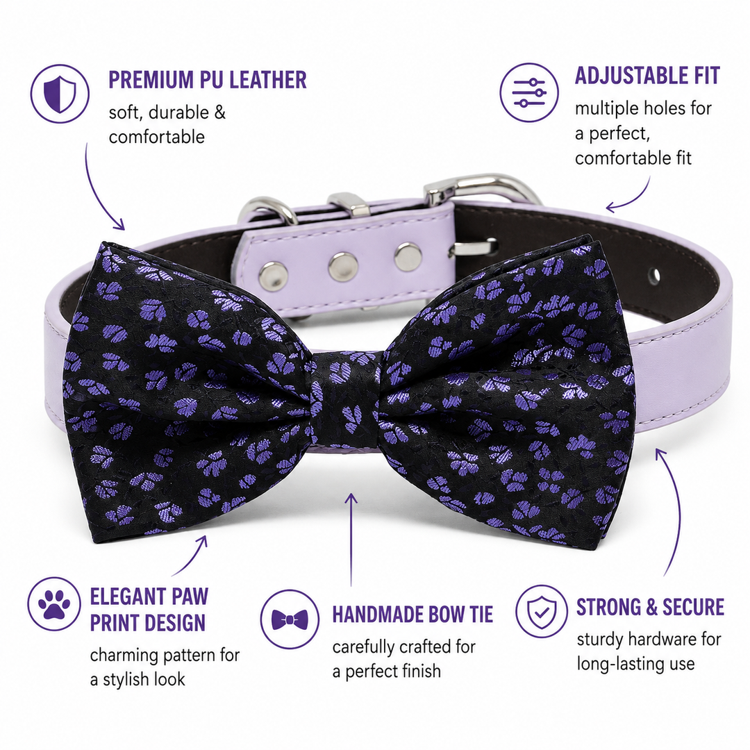 Purple paw print dog bow tie collar feature guide showing vegan leather collar, adjustable fit, secure hardware, and handmade bow tie