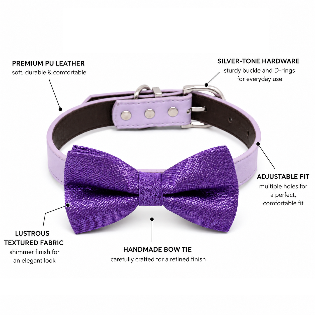 Purple shimmer dog bow tie collar feature guide showing vegan leather collar, silver-tone hardware, adjustable fit, textured fabric, and handmade bow tie