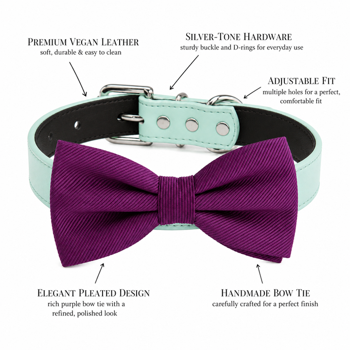 Purple wine satin dog bow tie collar with mint vegan leather collar and product feature highlights.