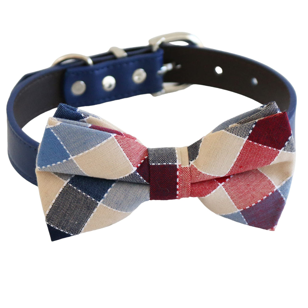 Red and blue plaid dog bow tie collar with navy vegan leather collar and classic check pattern