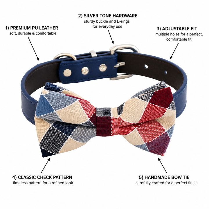 Red and blue plaid dog bow tie collar feature guide showing vegan leather collar, silver-tone hardware, adjustable fit, and handmade bow tie