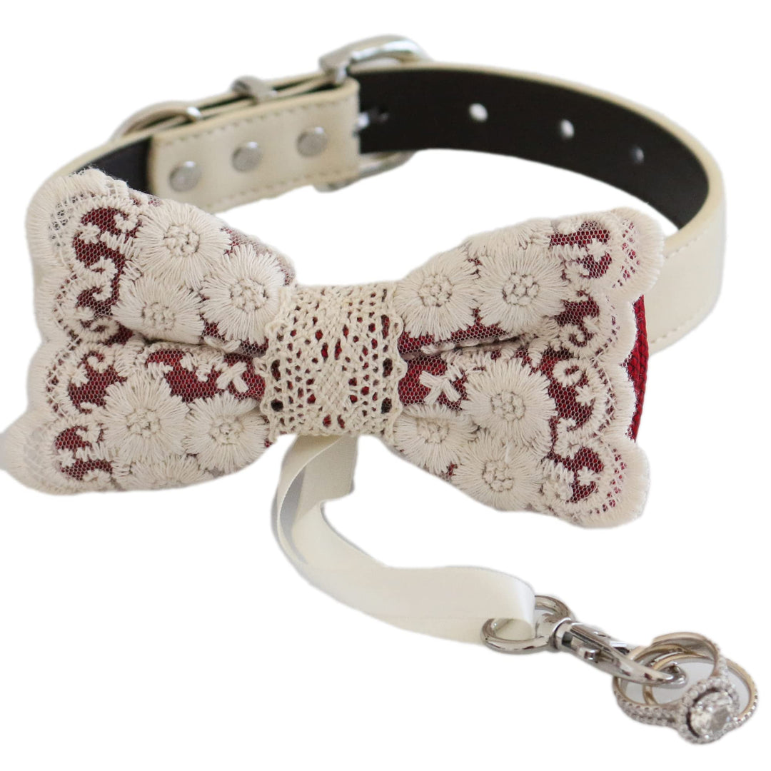 Red floral lace ring bearer dog bow tie collar featuring intricate embroidered floral lace, handmade craftsmanship, adjustable vegan leather collar, and attached wedding ring holder ribbon for wedding ceremonies