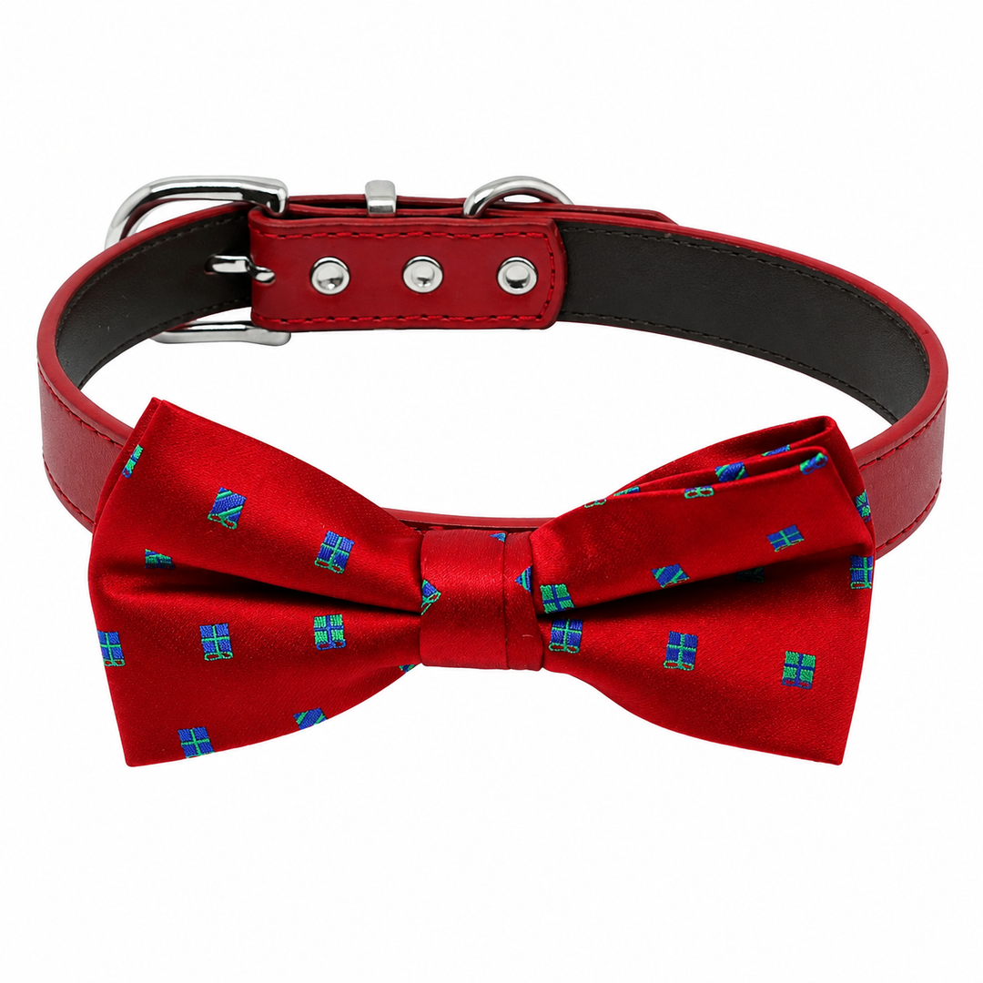 Red dog bow tie collar with gift box pattern, red vegan leather collar, and silver-tone hardware