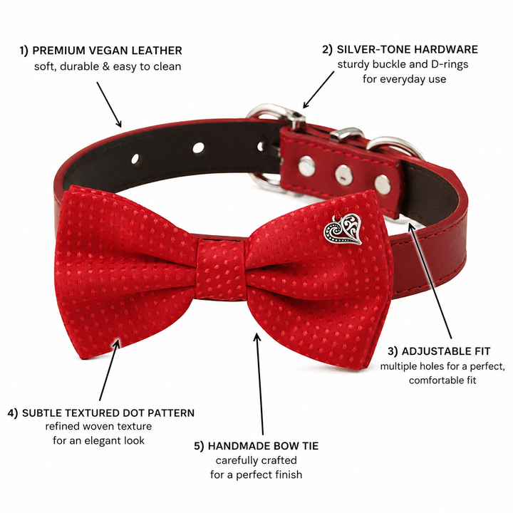 Dog bow tie collar feature guide showing vegan leather collar, silver hardware, adjustable fit, textured bow tie, and heart charm.