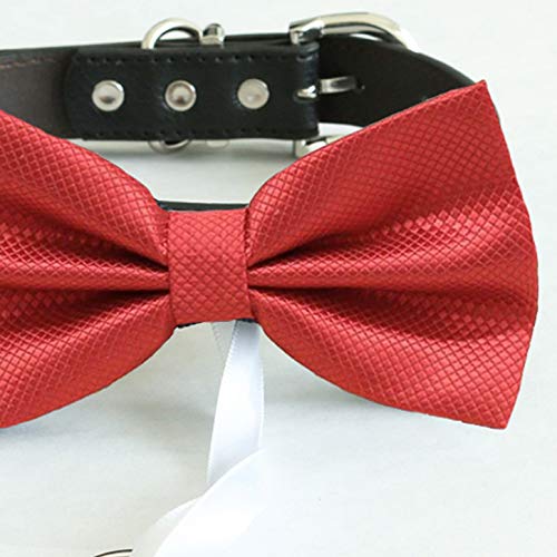 Close-up of red metallic ring bearer dog bow tie with textured geometric pattern and vegan leather collar