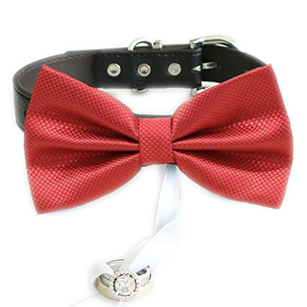 Red metallic ring bearer dog bow tie attached to a black vegan leather collar with wedding ring holder ribbon and charm ring accessory