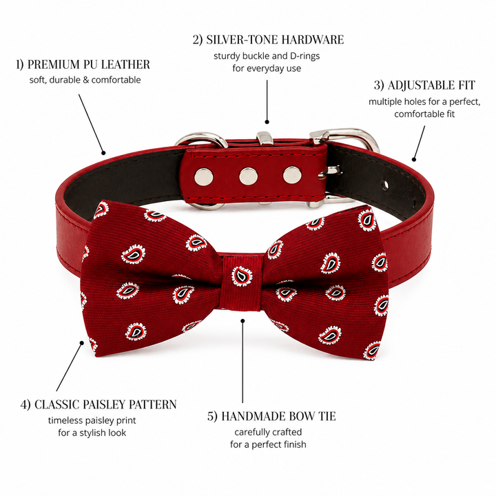 Red paisley dog bow tie collar feature guide showing vegan leather collar, silver-tone hardware, adjustable fit, and handmade bow tie