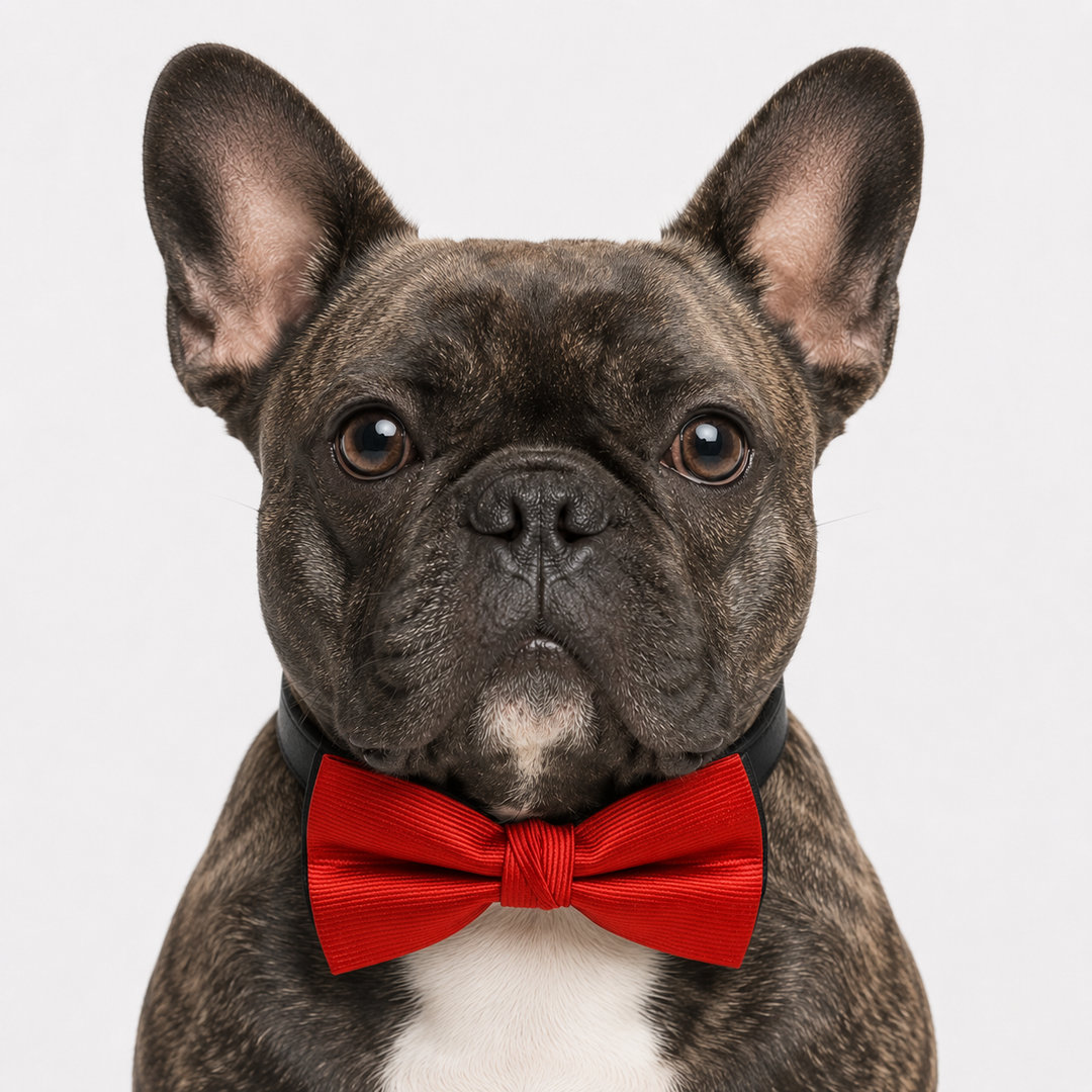 French Bulldog wearing a red ribbed satin dog bow tie collar with black vegan leather collar and formal classic style