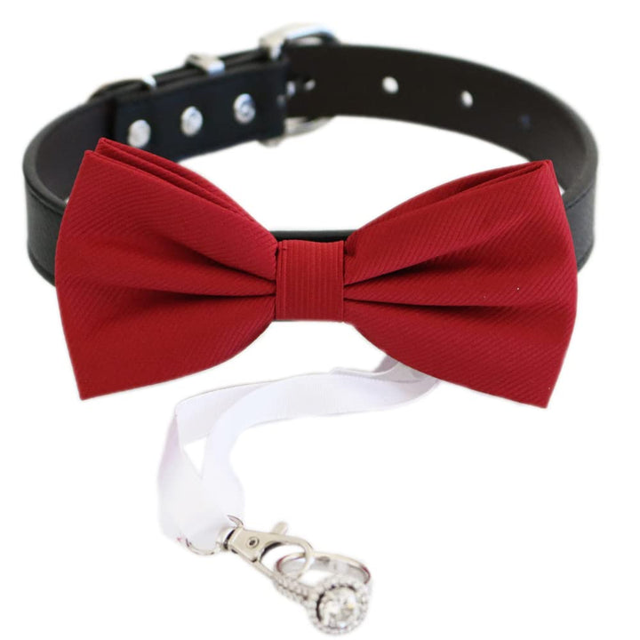 Red ring bearer dog bow tie collar with attached white ribbon ring holder.