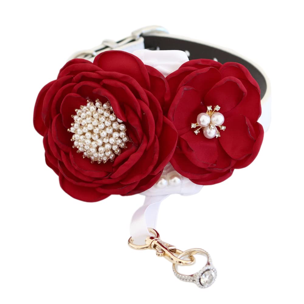 Red floral ring bearer dog collar featuring handmade flowers, pearl accents, white ribbon, and detachable crystal ring holder clasp
