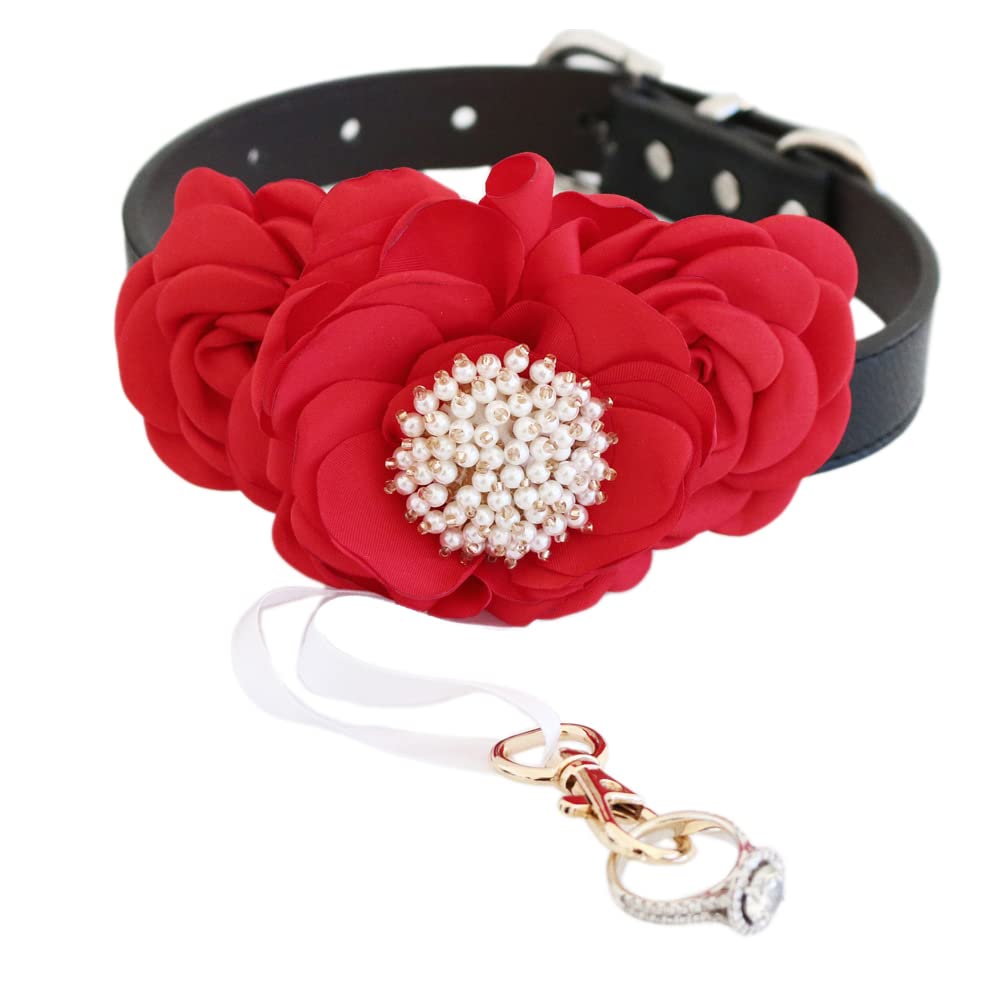 Red floral ring bearer dog collar featuring handmade flowers, pearl embellishments, detachable ribbon, and crystal ring holder clasp
