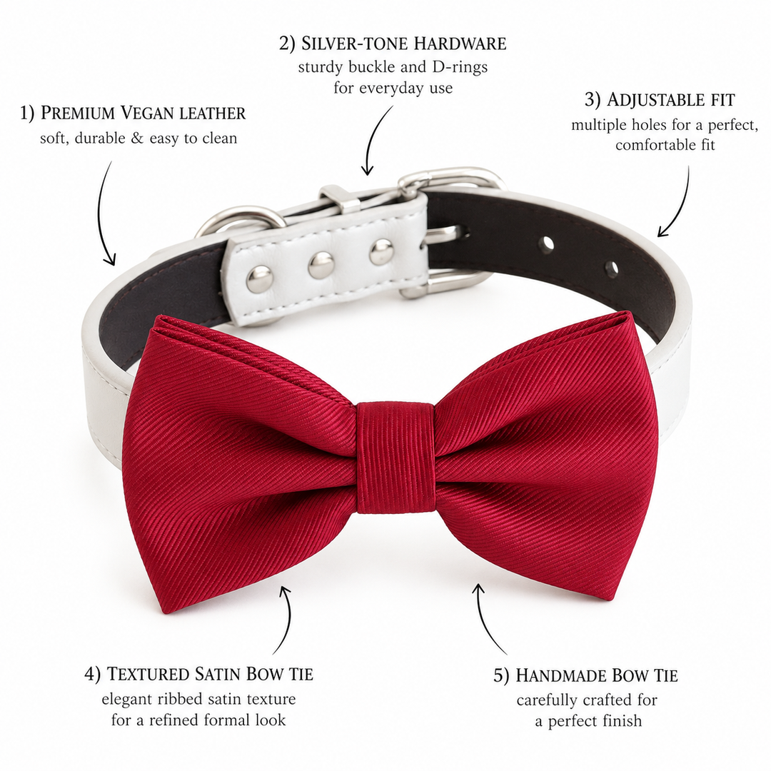 Red satin dog bow tie collar with vegan leather collar, silver-tone hardware, adjustable fit, and handmade craftsmanship