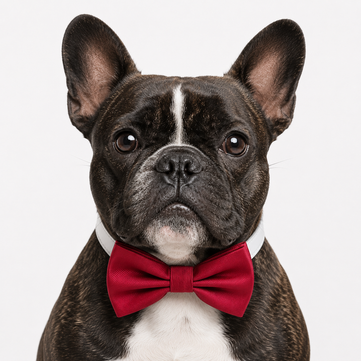 French Bulldog wearing a red satin dog bow tie collar with white vegan leather collar and classic formal style