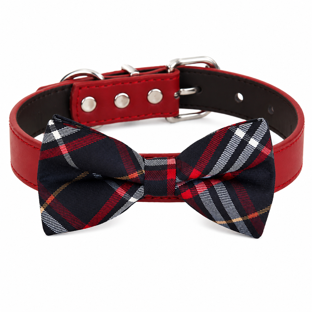 Red tartan plaid dog bow tie collar with red vegan leather collar and silver-tone hardware