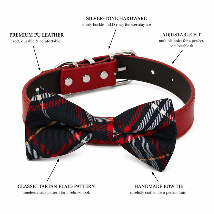 Red tartan plaid dog bow tie collar feature guide showing vegan leather collar, silver-tone hardware, adjustable fit, and handmade bow tie