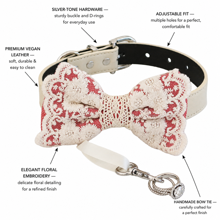 Ring bearer dog bow tie collar highlighting vegan leather collar, floral lace bow tie, and adjustable fit features