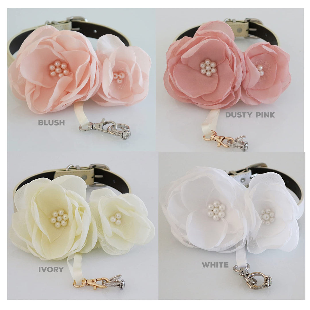 Ring bearer floral dog collar color options featuring blush, dusty pink, ivory, and white flower arrangements with decorative ring holder