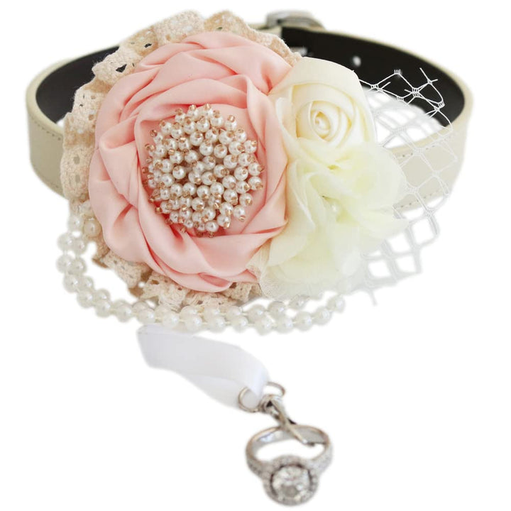 Handmade blush pink floral ring bearer dog collar with pearl flower, ivory rose, decorative lace accents, and crystal ring holder charm