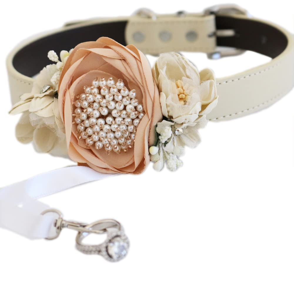 Handcrafted blush floral dog wedding collar featuring pearl embellishments, soft ivory flowers, and elegant ring bearer charm detail