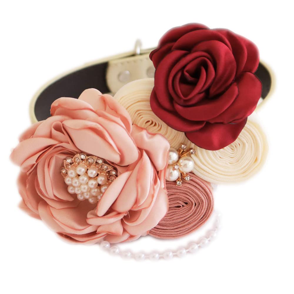 Handmade ring bearer dog collar featuring blush flowers, burgundy rose accents, pearl details, ivory vegan leather collar, and decorative ring holder ribbon