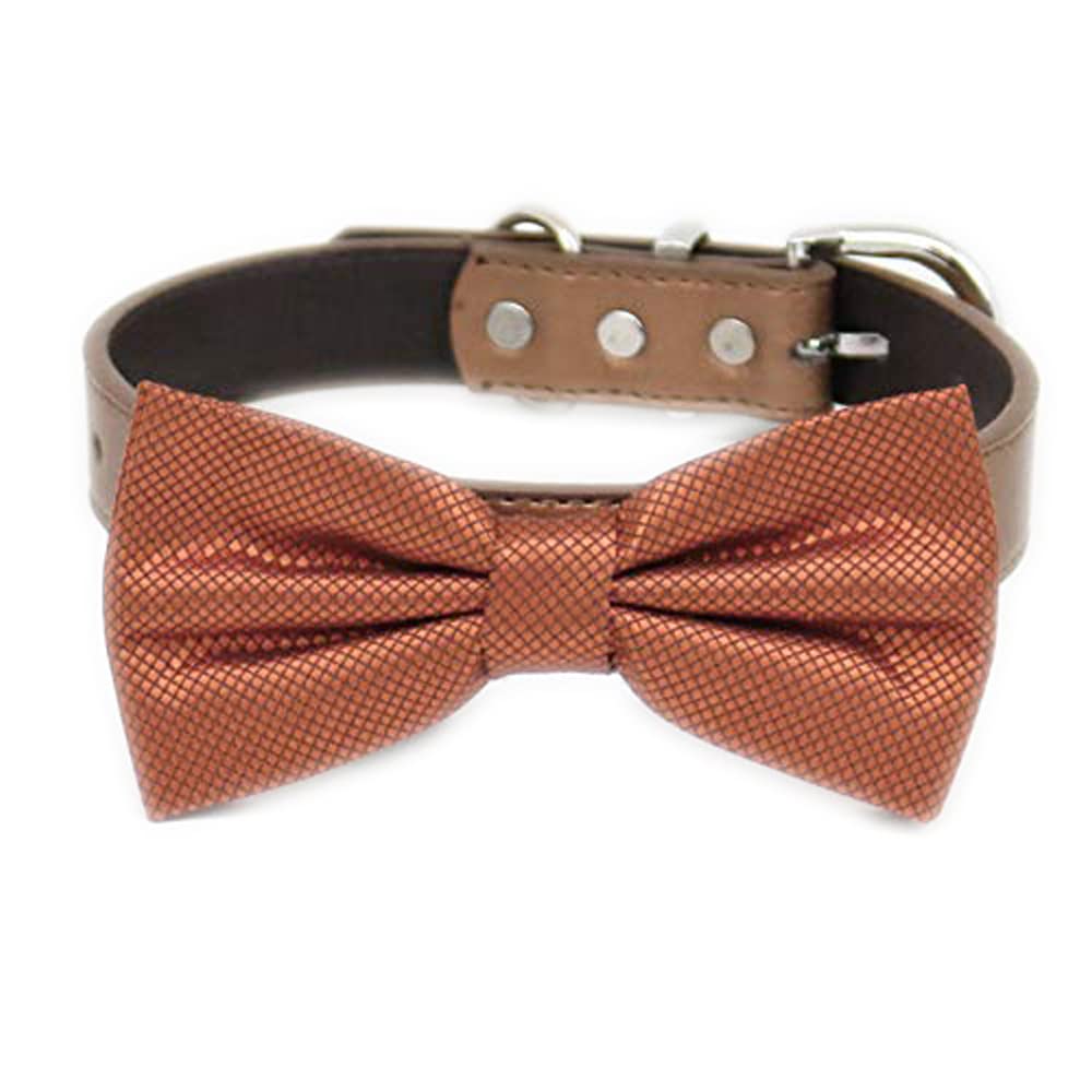 Rust copper metallic dog bow tie attached to a brown vegan leather collar with silver-tone hardware