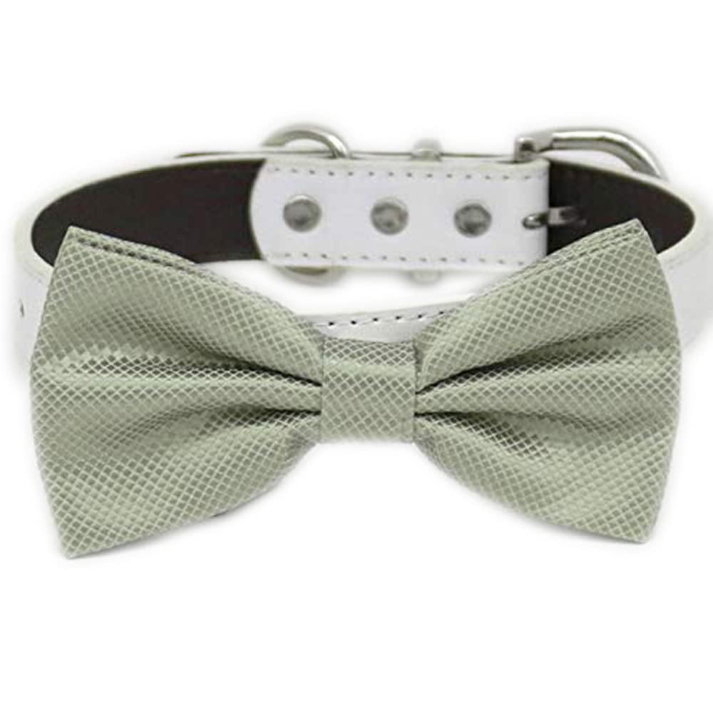 Sage green textured dog bow tie collar with white vegan leather collar and adjustable buckle.