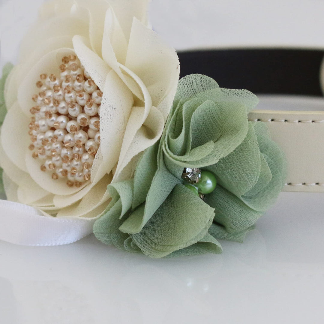 Ivory floral dog collar with sage green chiffon flower accents, pearl centerpiece, and ring bearer ribbon attachment.