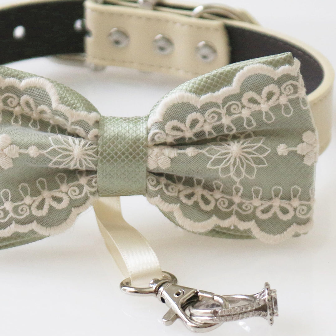 Sage green lace ring bearer dog bow tie collar with embroidered floral lace overlay, sage satin center accent, adjustable vegan leather collar, and attached wedding ring holder ribbon