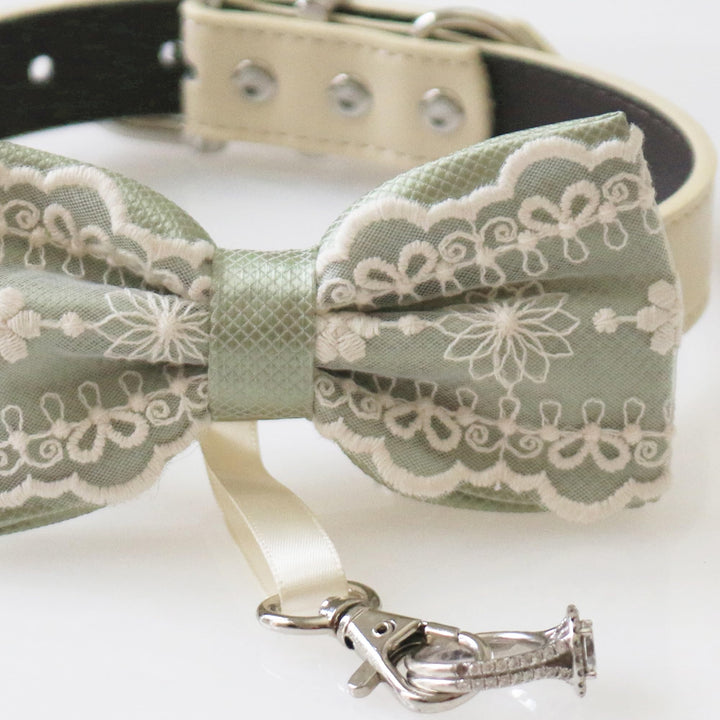 Sage green lace ring bearer dog bow tie collar with embroidered floral lace overlay, sage satin center accent, adjustable vegan leather collar, and attached wedding ring holder ribbon