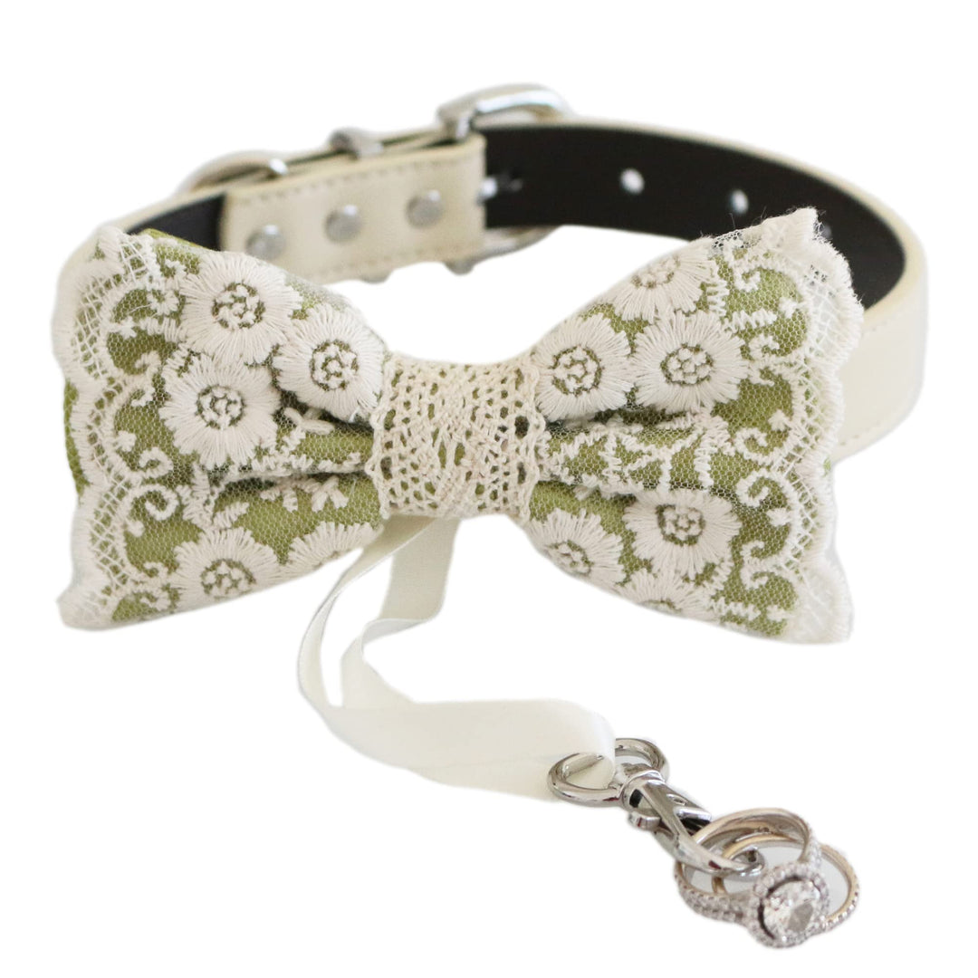 Sage Green floral lace ring bearer dog bow tie collar with attached wedding ring holder ribbon, ivory vegan leather collar, embroidered floral lace details, and elegant handmade design