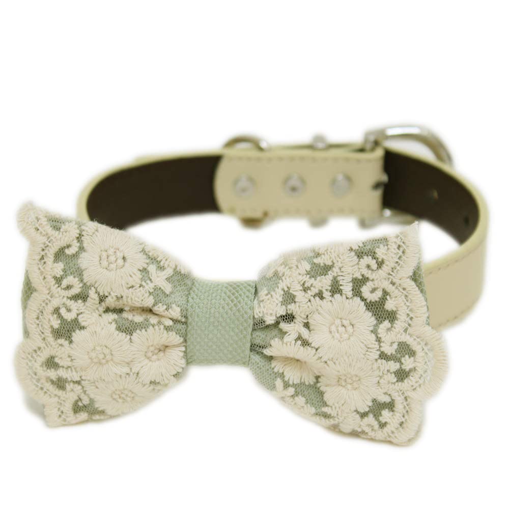 Sage green vintage lace dog bow tie collar with embroidered floral lace design, adjustable vegan leather collar, and elegant handcrafted finish