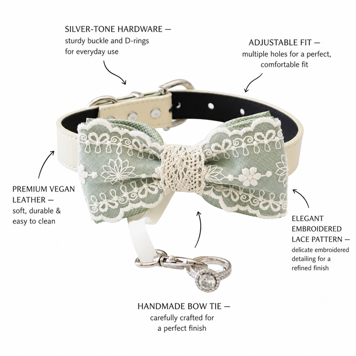 Sage green ring bearer dog bow tie collar highlighting lace embroidery, vegan leather collar, adjustable fit, and silver hardware