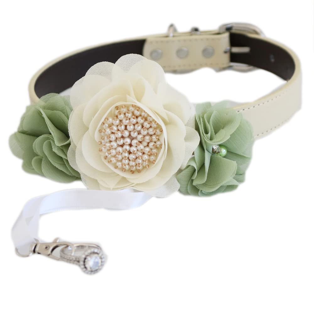 Handmade dog wedding collar featuring an ivory flower centerpiece, sage green floral accents, pearl details, and ring bearer clasp.