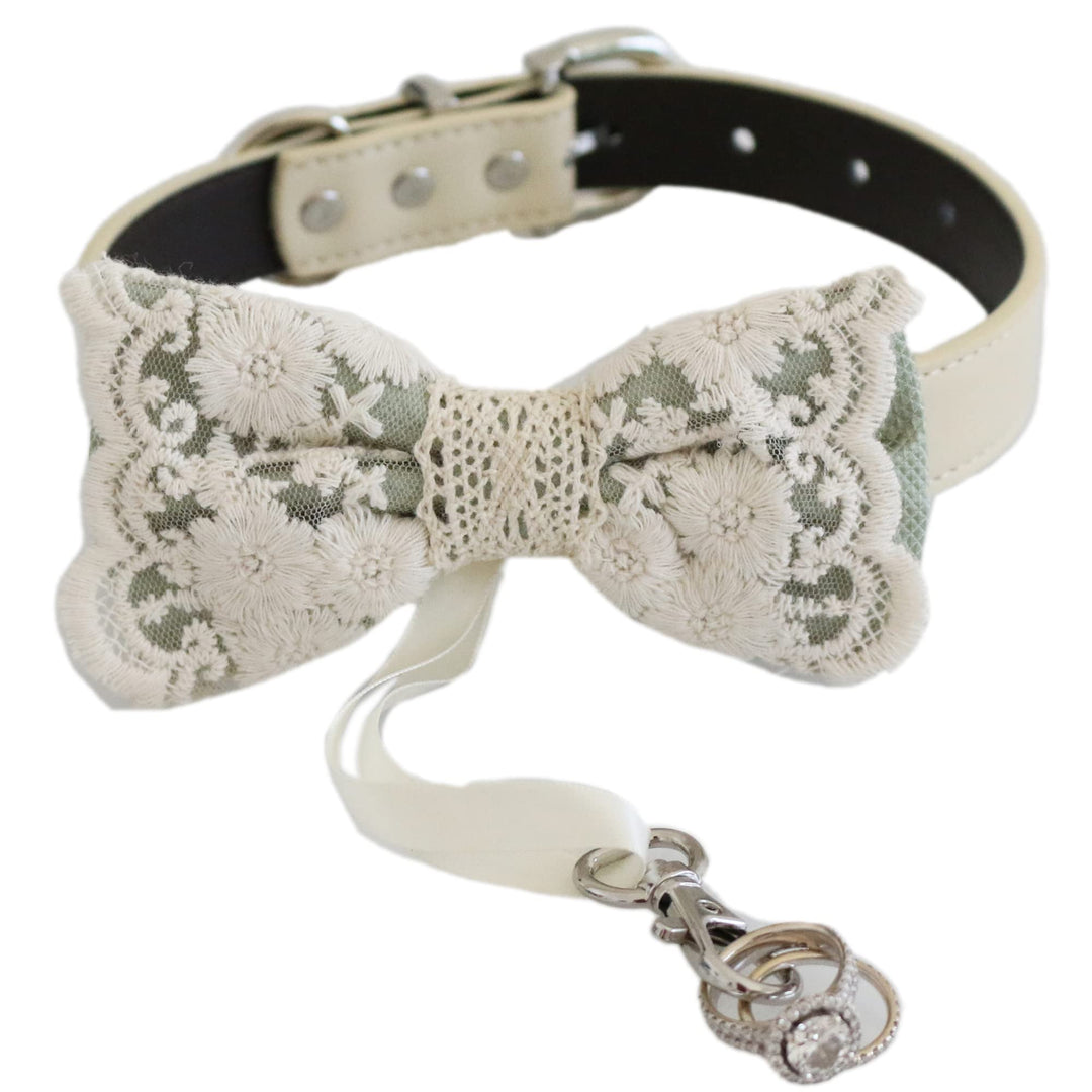 Sage green wedding ring bearer dog bow tie collar featuring floral lace embroidery, adjustable vegan leather collar, attached wedding ring holder ribbon, and elegant wedding styling