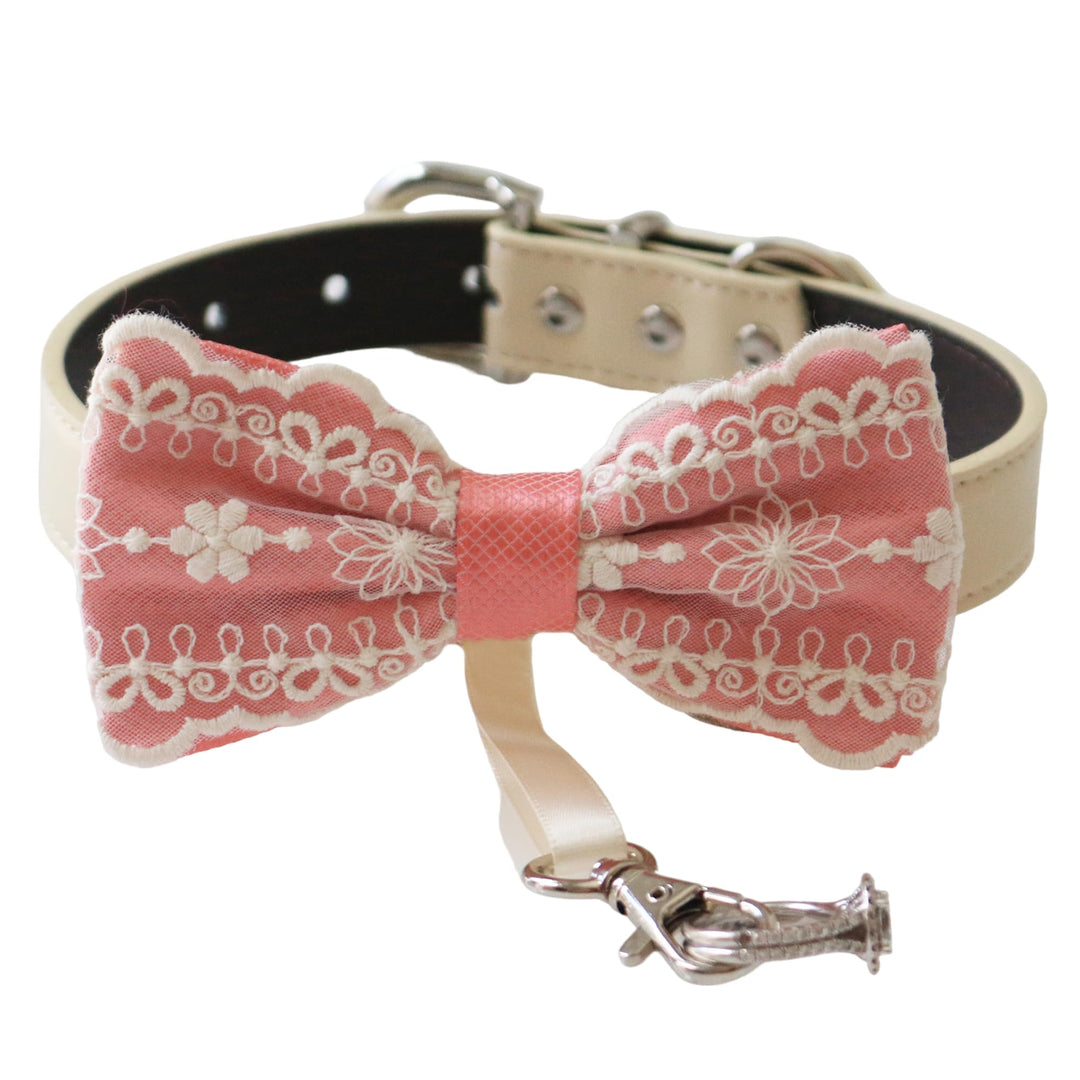 Salmon lace ring bearer dog bow tie collar featuring embroidered lace design, attached wedding ring holder ribbon, decorative ring charm, and adjustable vegan leather collar for weddings and formal events
