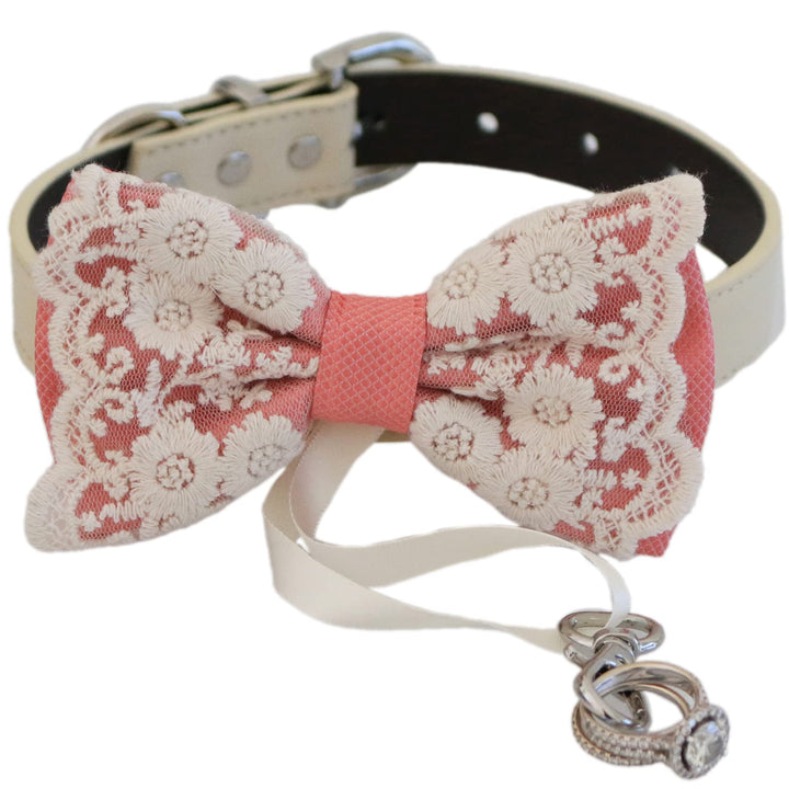 Salmon ring bearer dog bow tie collar with floral embroidered lace design, attached wedding ring holder ribbon, and adjustable vegan leather collar for weddings and ceremonies