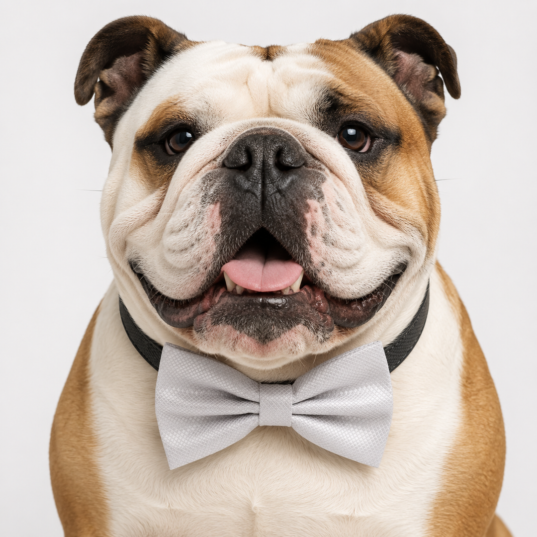 English Bulldog wearing a silver ring bearer dog bow tie collar with black vegan leather collar.