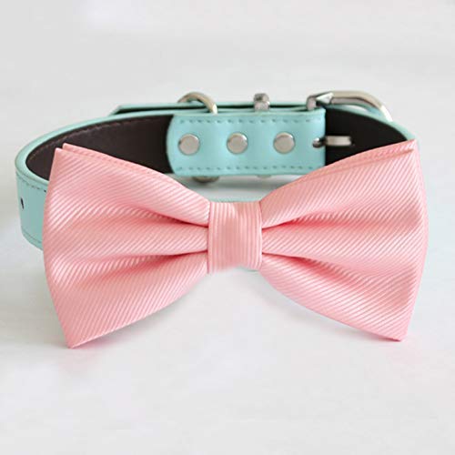 Soft pink satin dog bow tie attached to a mint vegan leather collar with silver-tone hardware.
