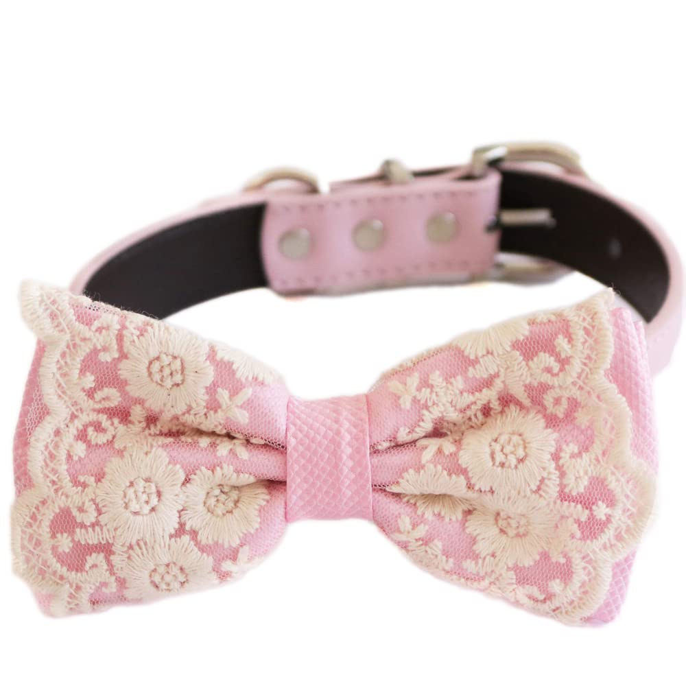 Soft pink floral lace dog bow tie collar with embroidered floral lace overlay, pink vegan leather collar, adjustable buckle, and elegant handmade design