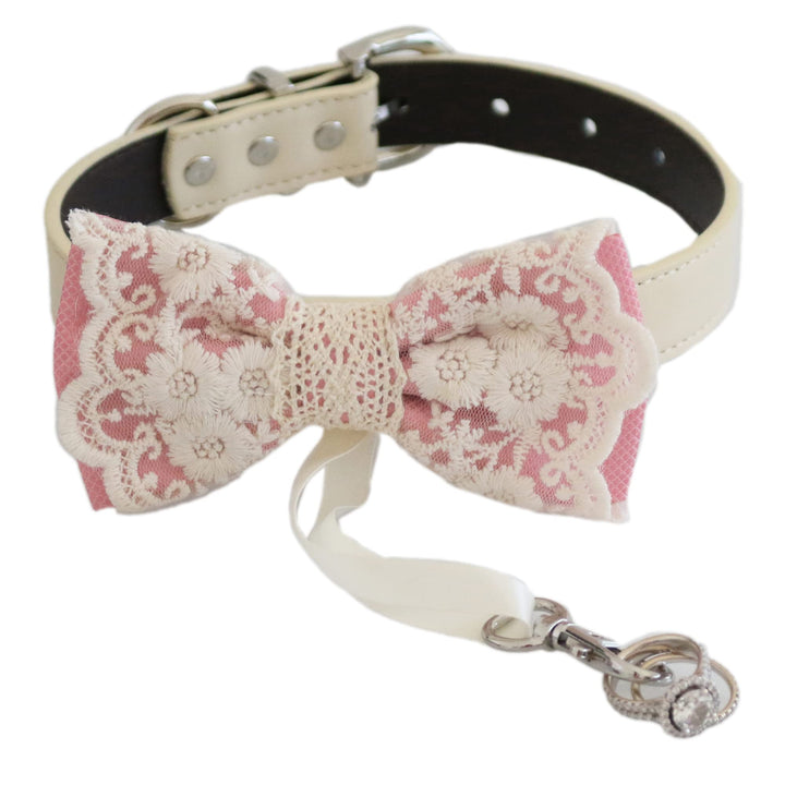 Soft pink floral lace ring bearer dog bow tie collar with ivory vegan leather collar and attached wedding ring holder ribbon
