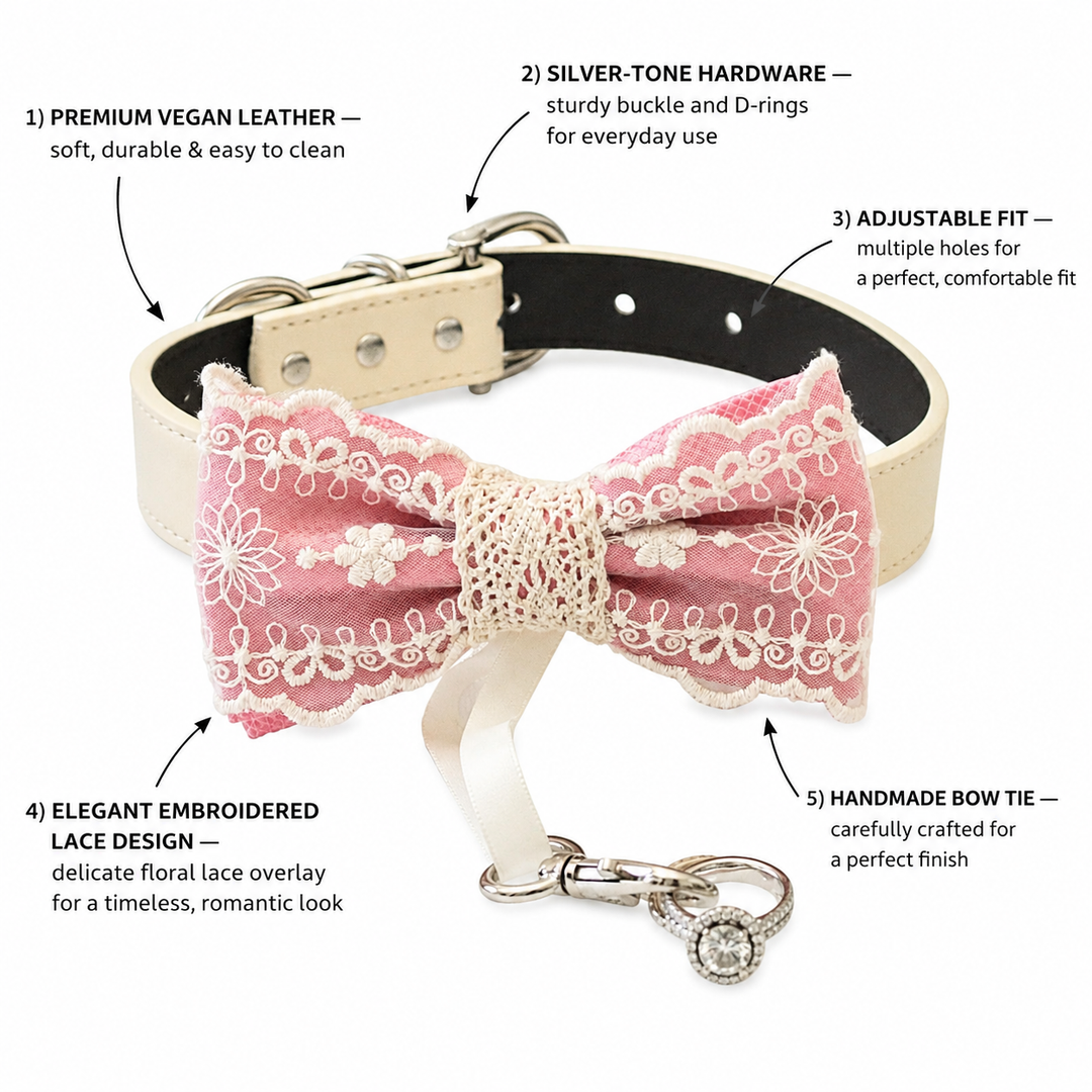 Soft pink lace dog bow tie collar feature guide showing premium vegan leather, silver-tone hardware, adjustable fit, elegant embroidered lace design, and handmade craftsmanship