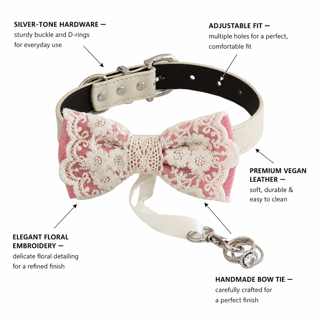 Soft pink lace ring bearer dog bow tie collar featuring floral embroidery, vegan leather collar, silver-tone hardware, adjustable fit, and handmade craftsmanship