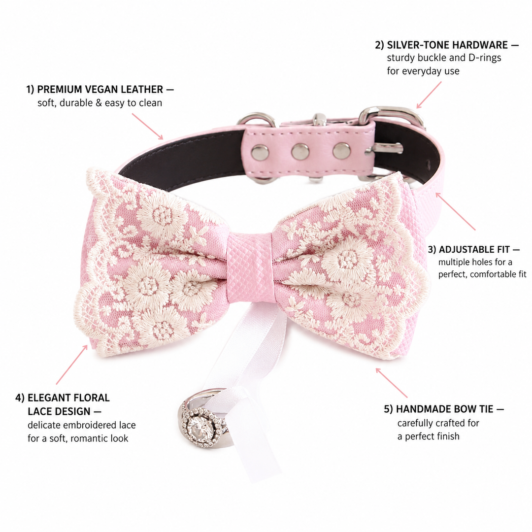 Soft pink lace dog bow tie collar feature guide showing premium vegan leather, silver-tone hardware, adjustable fit, floral lace embroidery, and handmade craftsmanship