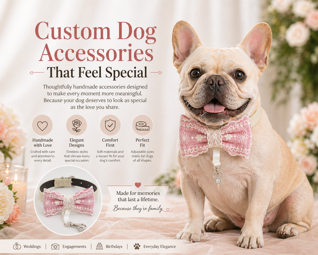 Promotional banner featuring a French Bulldog wearing a soft pink lace dog bow tie collar with handcrafted pet accessories and special occasion styling