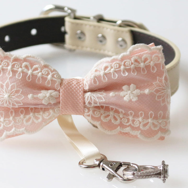 Soft pink lace ring bearer dog bow tie collar with floral embroidered lace overlay, satin center accent, adjustable vegan leather collar, and attached wedding ring holder ribbon