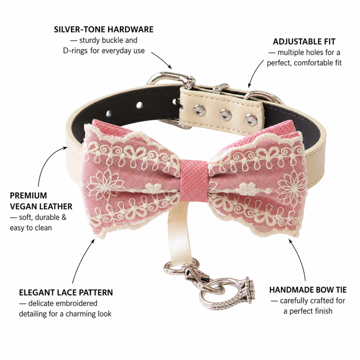 Soft pink lace ring bearer dog bow tie collar feature guide showing premium vegan leather, silver-tone hardware, adjustable fit, embroidered lace pattern, and handmade craftsmanship