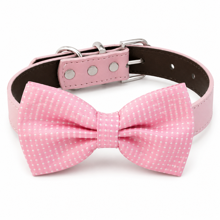 Soft pink micro polka dot dog bow tie collar with matching pink vegan leather collar and silver-tone hardware